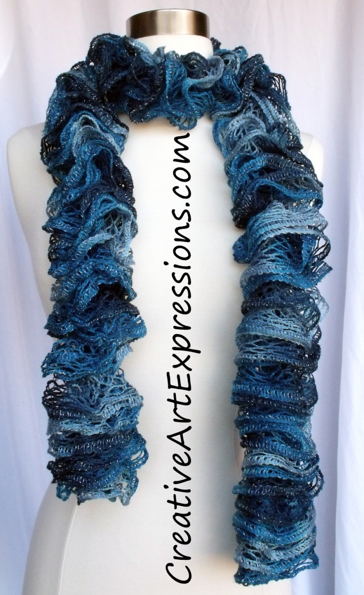 Creative Art Expressions Hand Knit Shades of Blue Ruffle Scarf